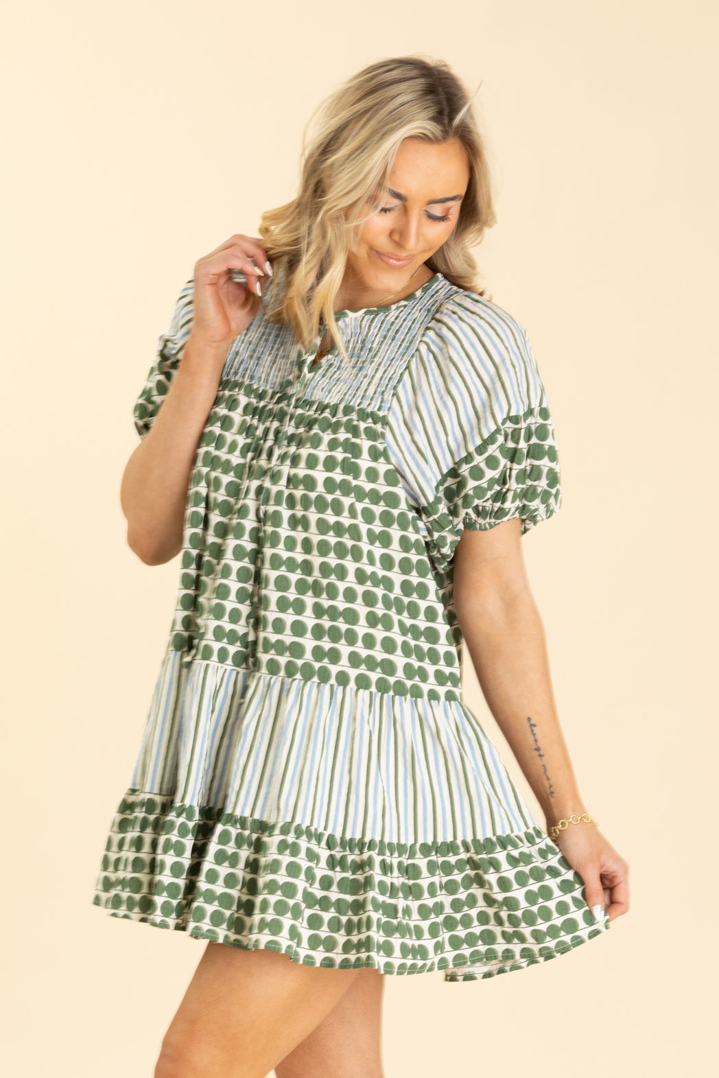 Cream And Sage Dots With Stripe Dress Cream And Sage Dots With Stripe Dress