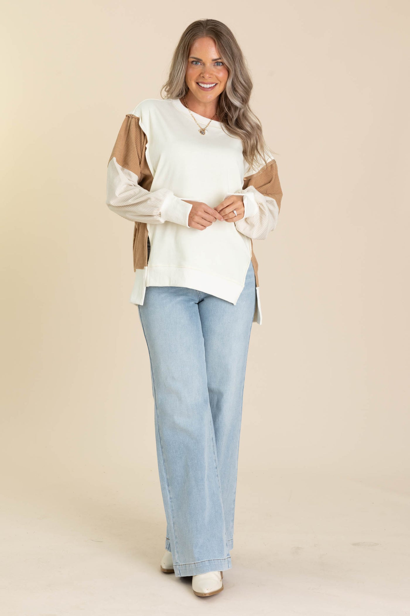 Cream And Mocha Colorblock Knit Crewneck Top