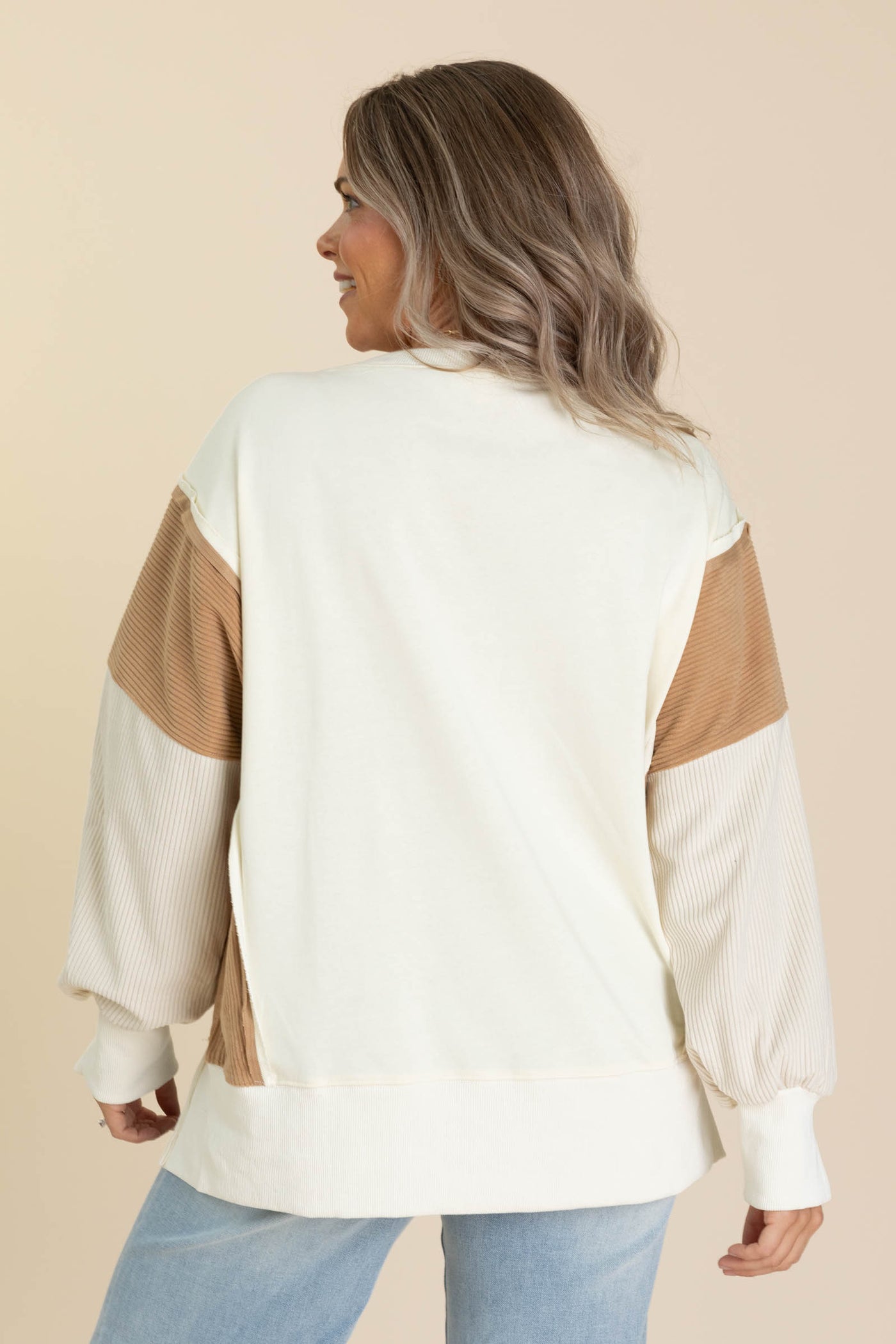 Cream And Mocha Colorblock Knit Crewneck Top