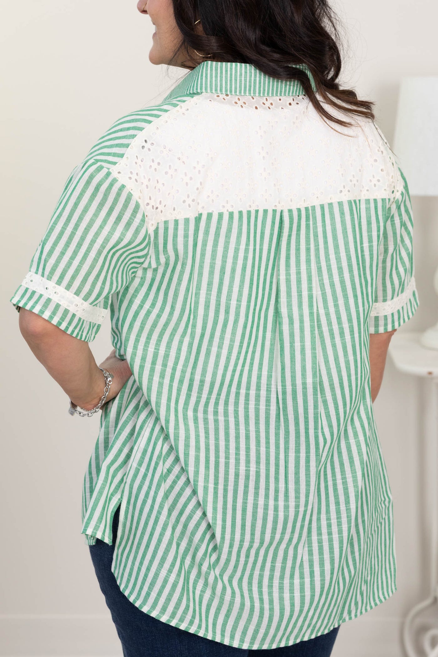 Green Lace Contrast Oversized Stripe Shirt Top