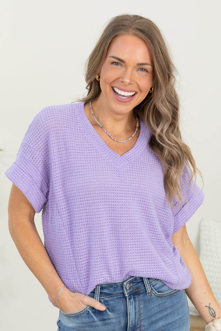 Waffle V-Neck Short Sleeve Top