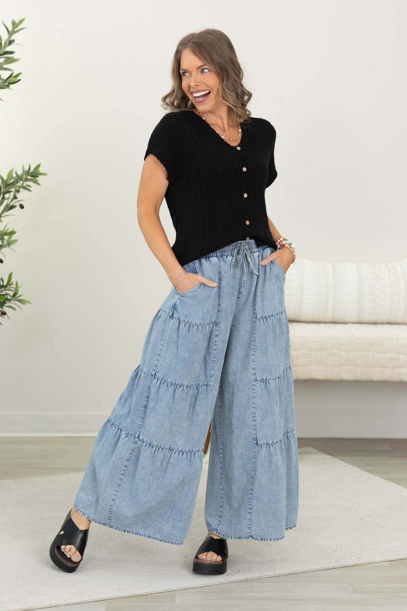 Light Wash Tiered Mineral Wash Pants