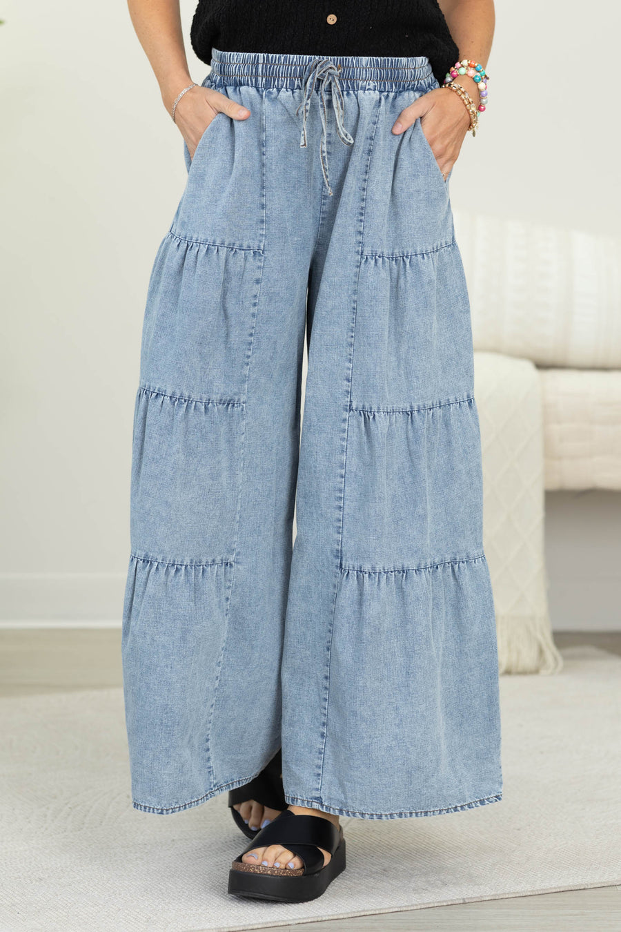 Light Wash Tiered Mineral Wash Pants