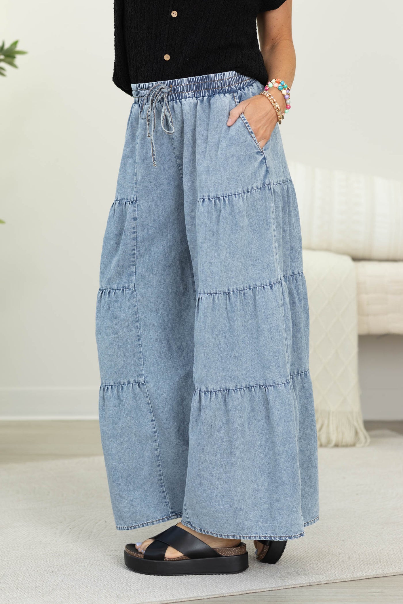 Light Wash Tiered Mineral Wash Pants