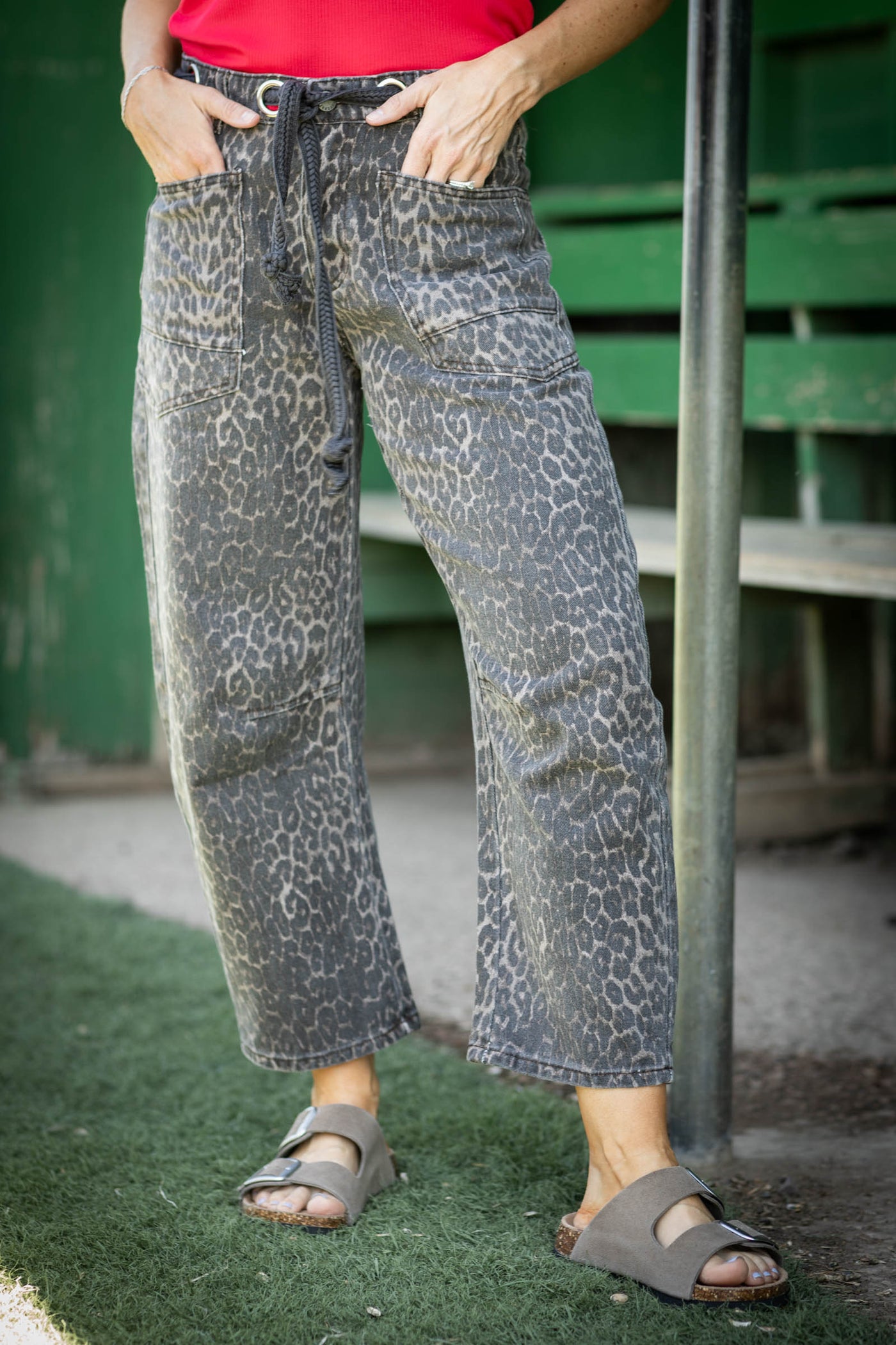 Leopard Barrel Pants With Rope Belt Detail