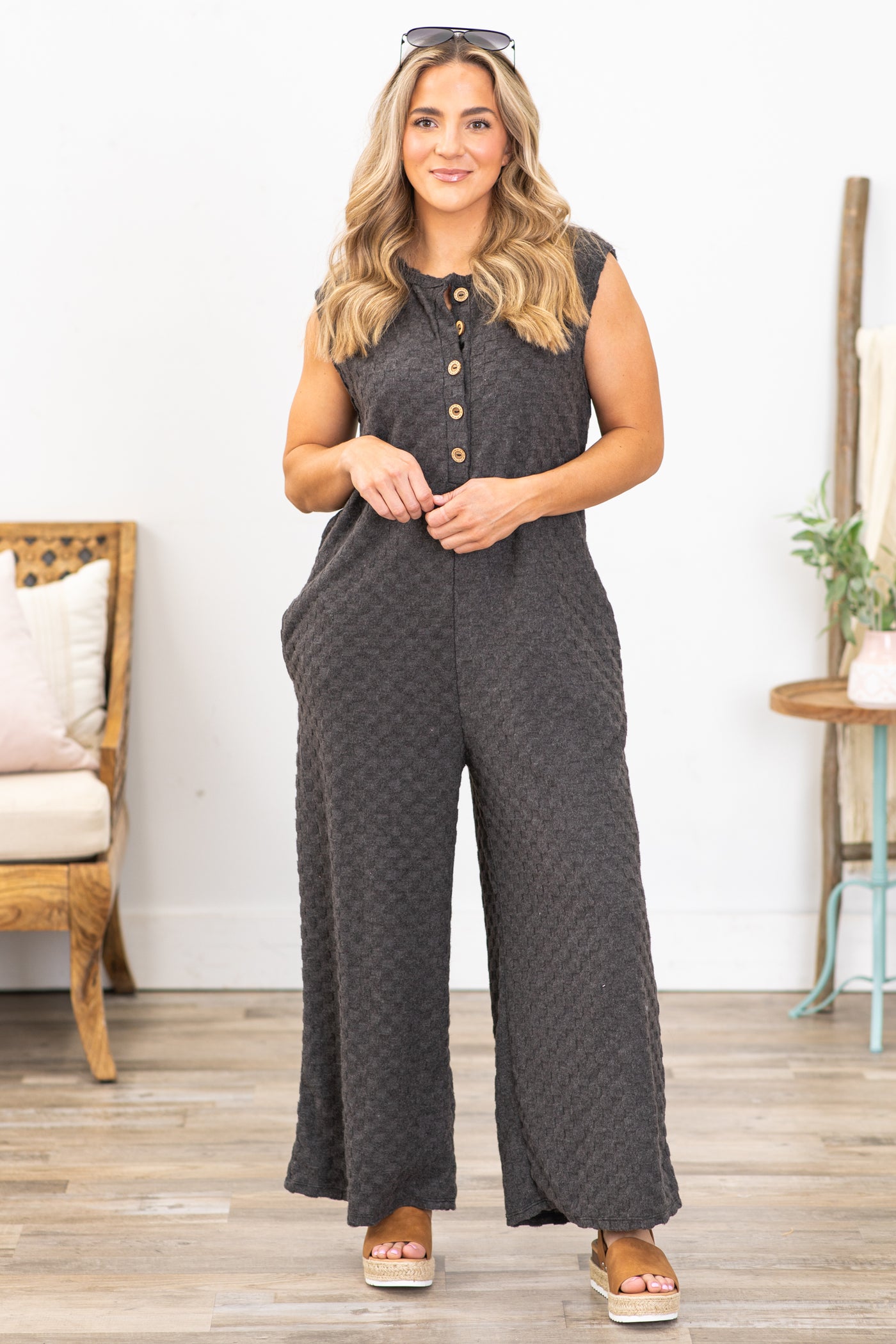 Charcoal Brushed Checkerboard Texture Jumpsuit