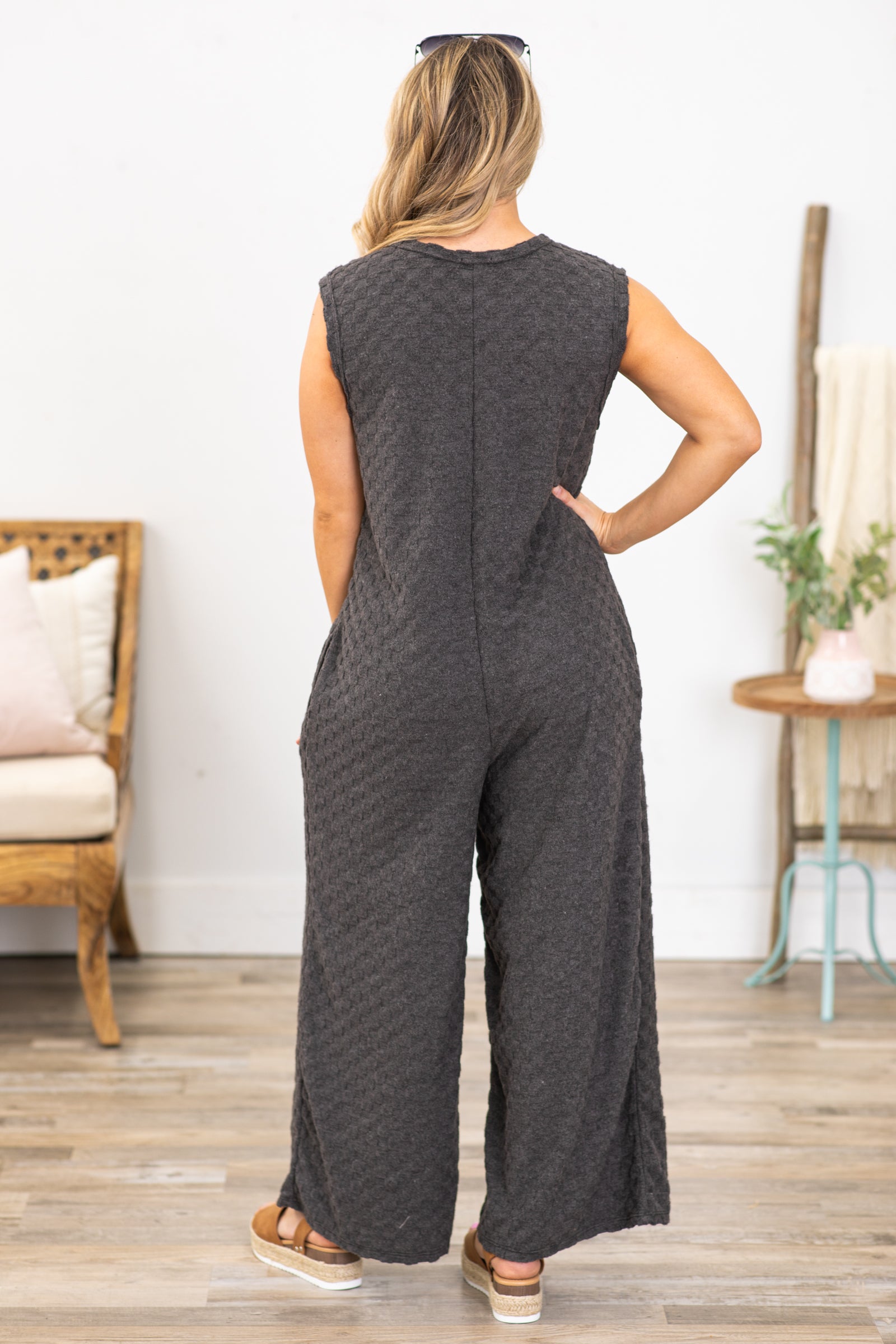 Charcoal Brushed Checkerboard Texture Jumpsuit