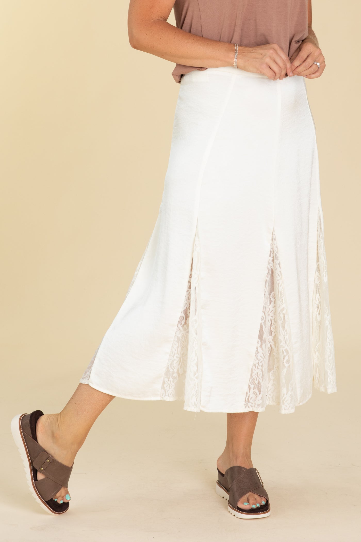 Cream Crushed Satin Lace Godet Skirt