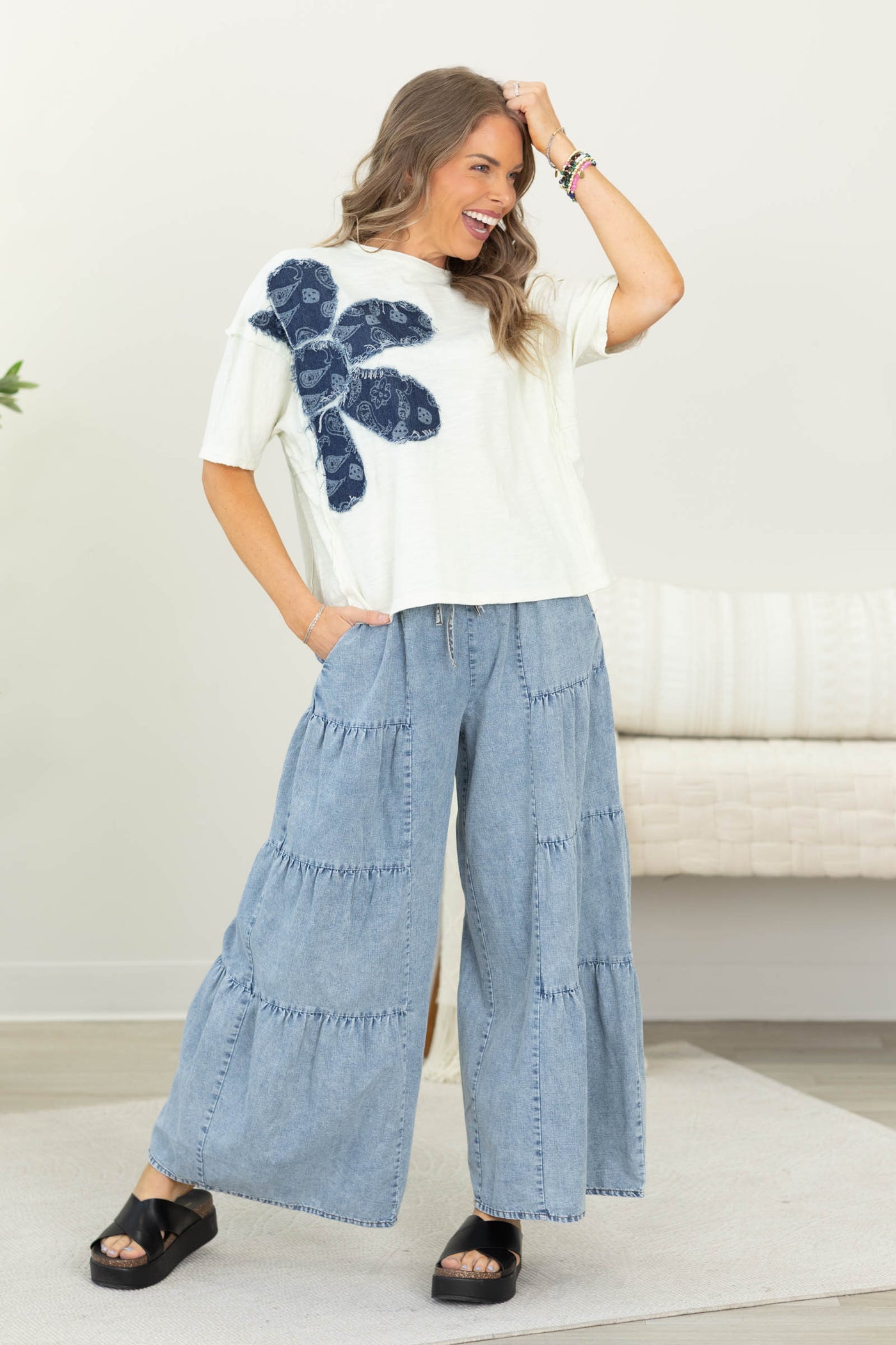 Cream Denim Floral Patchwork Slub Knit Top- 100% Cotton