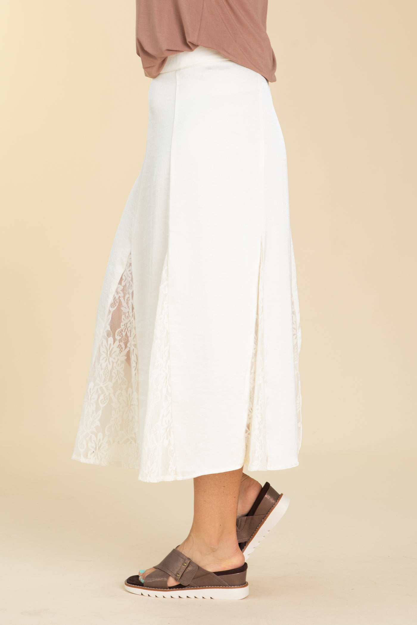 Cream Crushed Satin Lace Godet Skirt