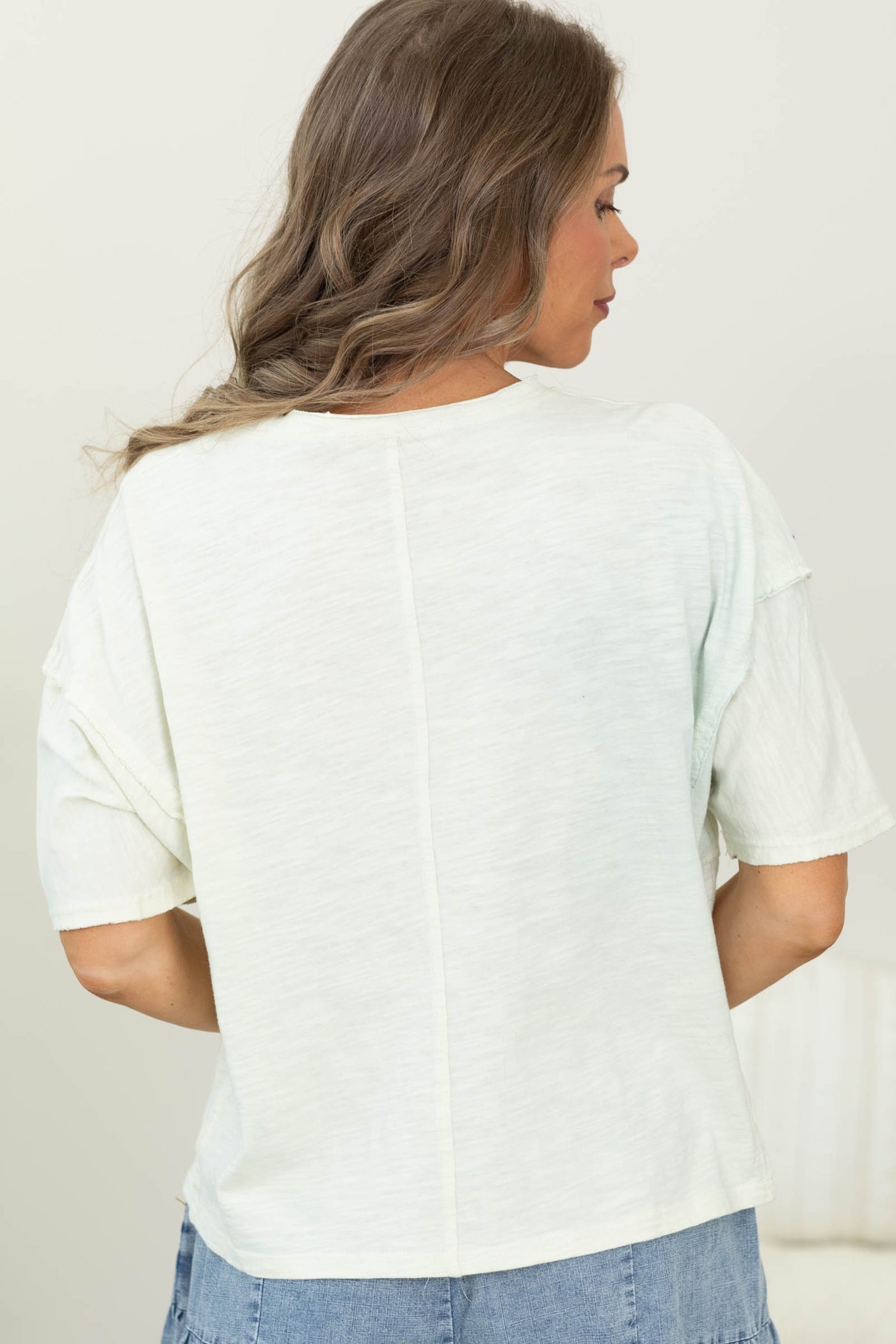 Cream Denim Floral Patchwork Slub Knit Top- 100% Cotton