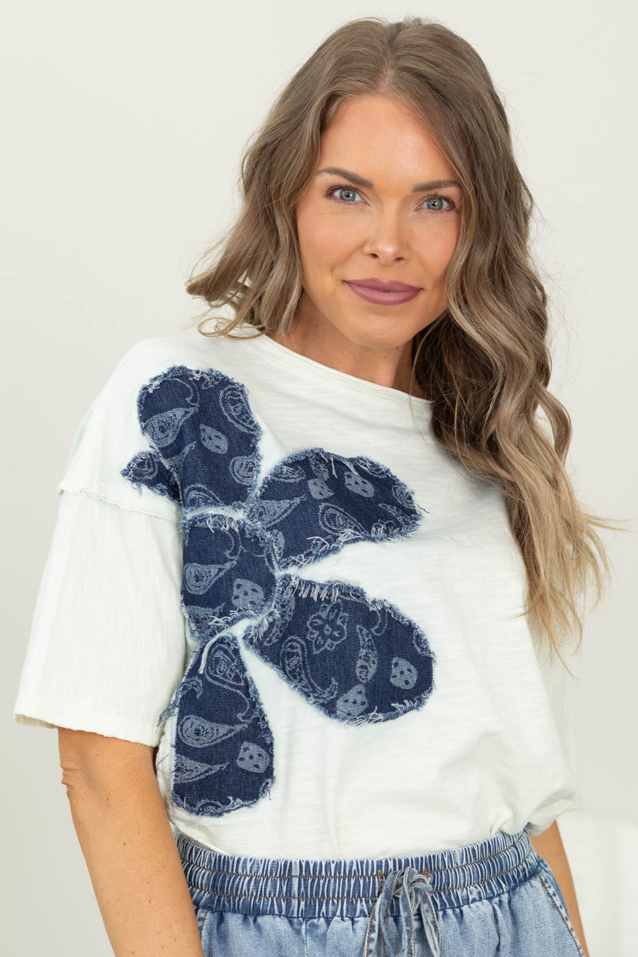 Cream Denim Floral Patchwork Slub Knit Top- 100% Cotton