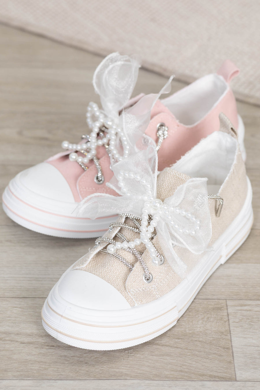 Very G Lace Up Bow Sneakers With Pearls