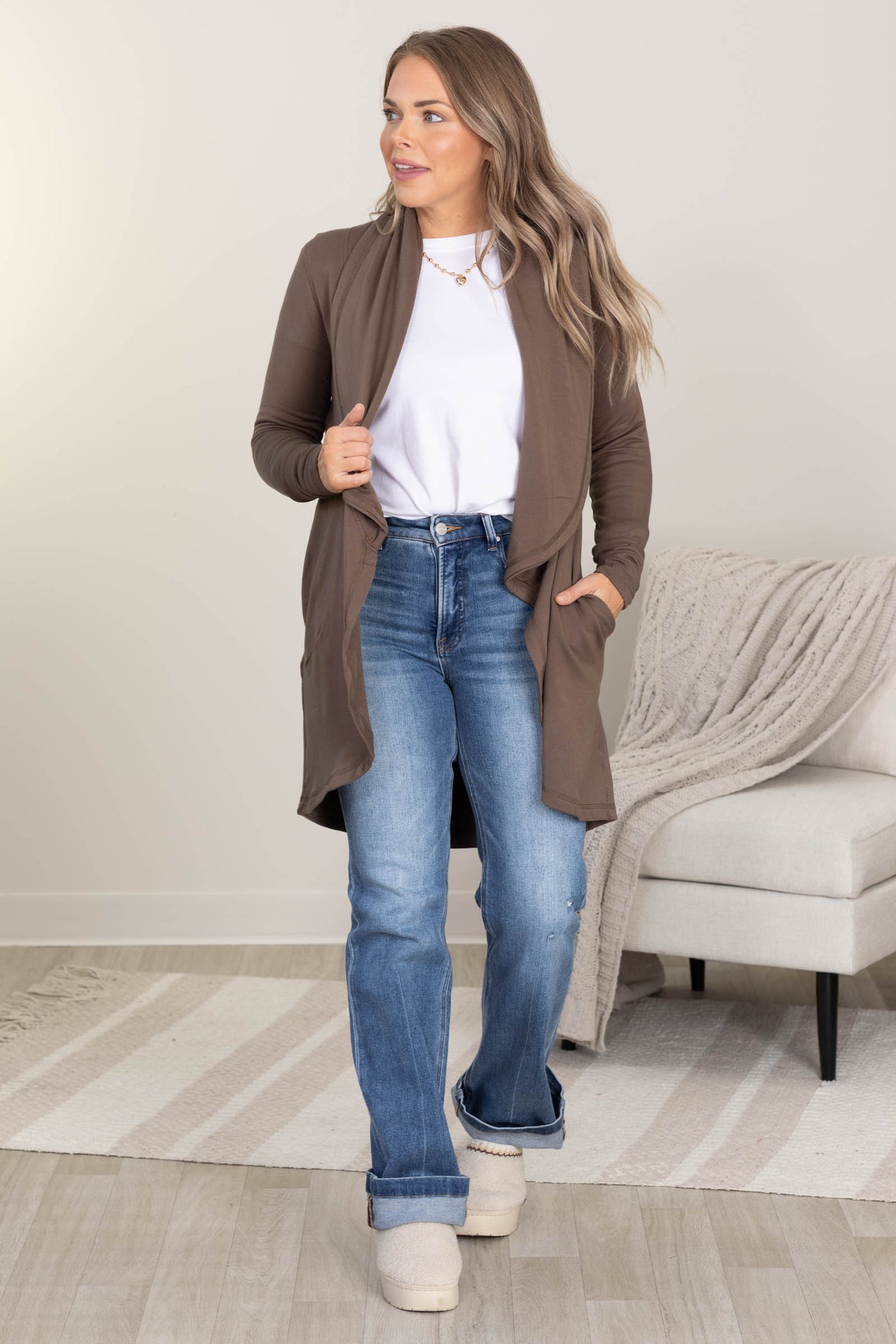 Brown Fleece Lined Flowy Open Cardigan