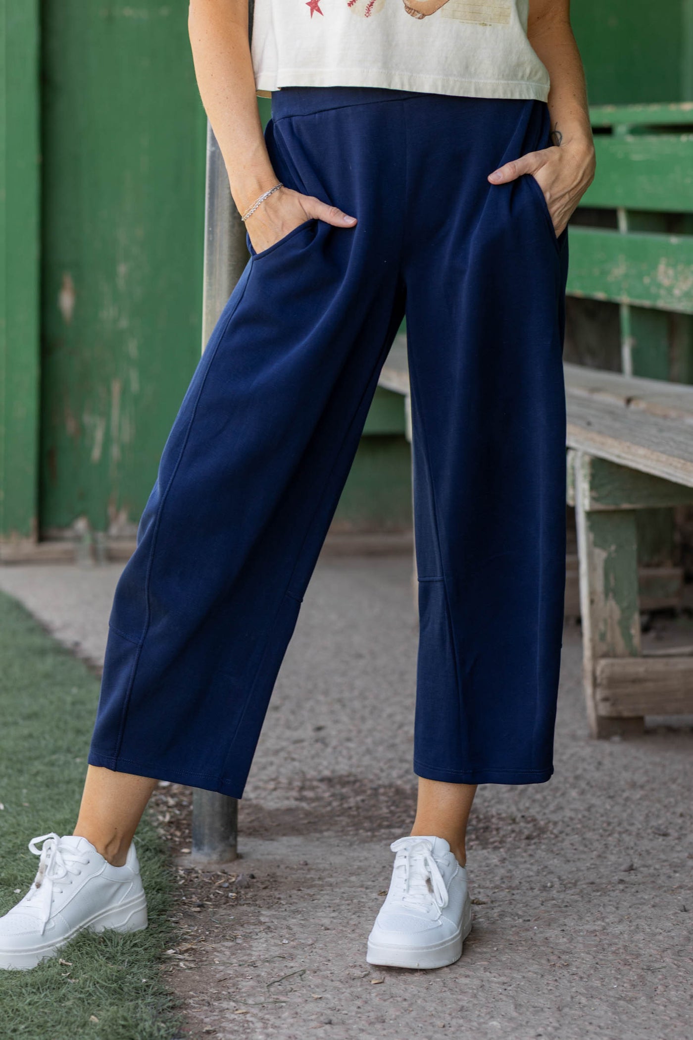 Navy Elastic Waist Scuba Barrel Pant