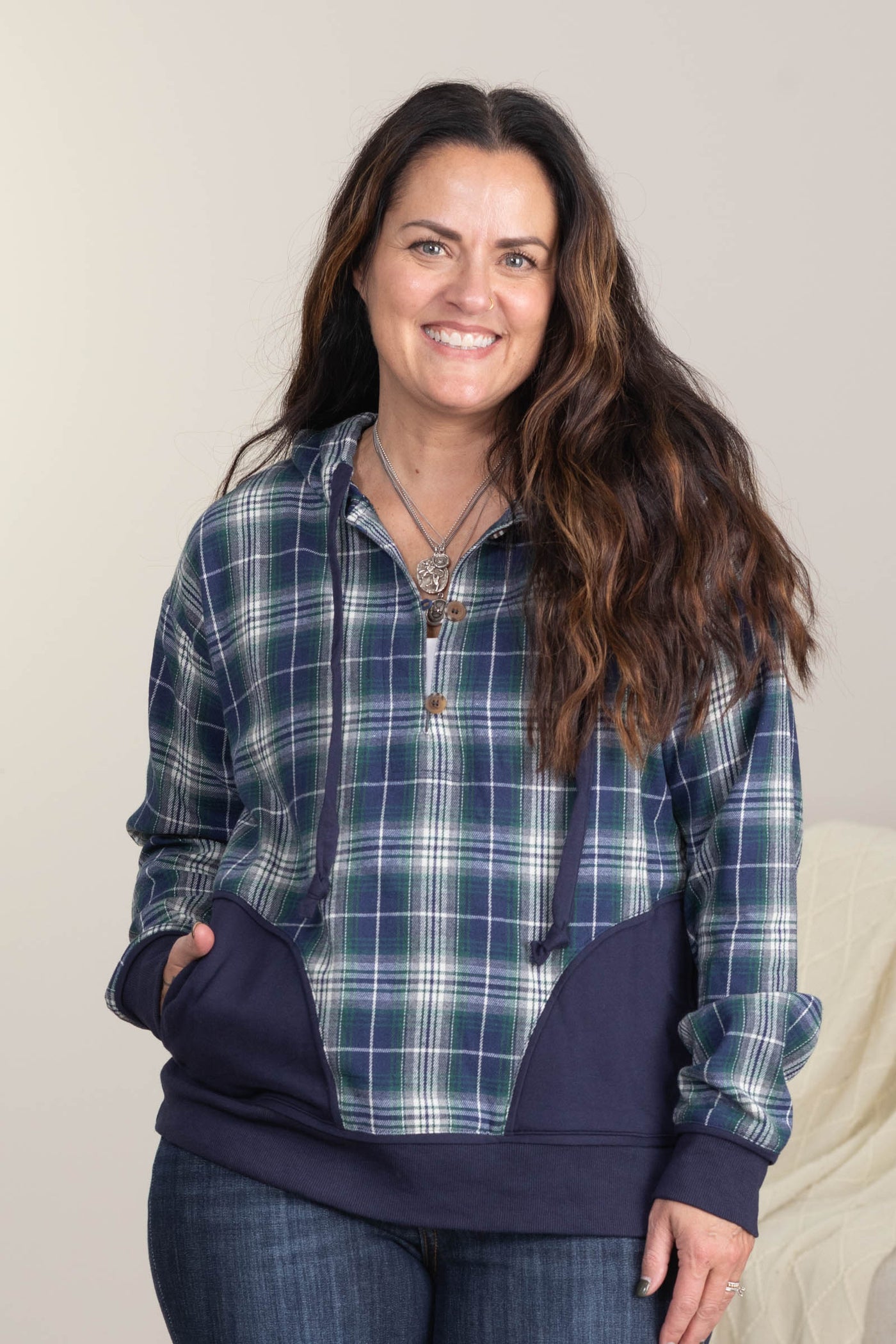 Navy Plaid Mixed Half Plaid Jacket Knit Hoodie