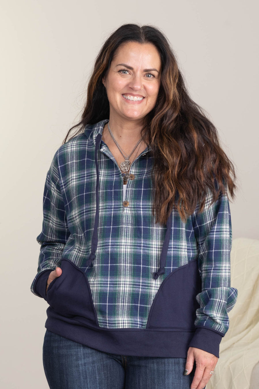 Navy Plaid Mixed Half Plaid Jacket Knit Hoodie