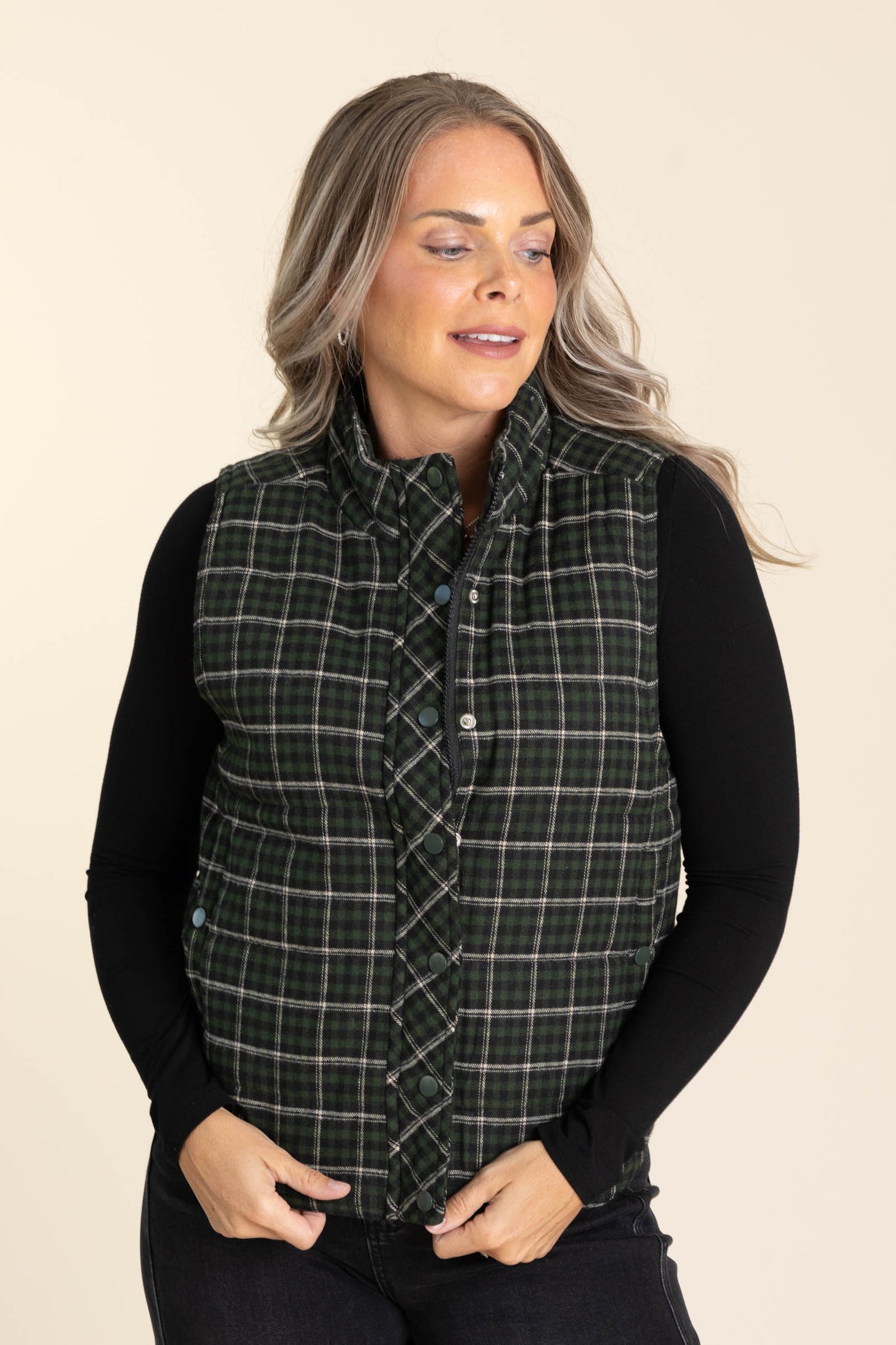 Mock Neck Plaid Puffer Vests