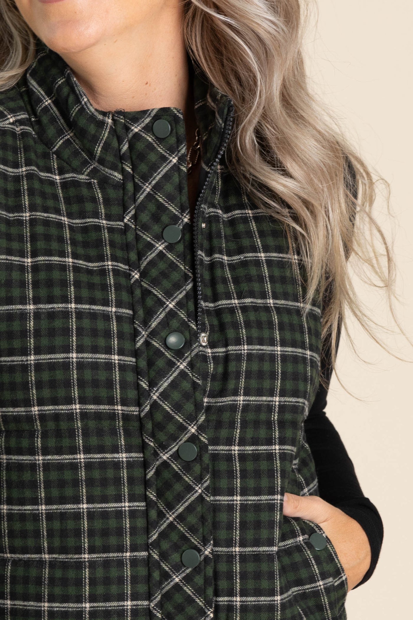 Mock Neck Plaid Puffer Vests