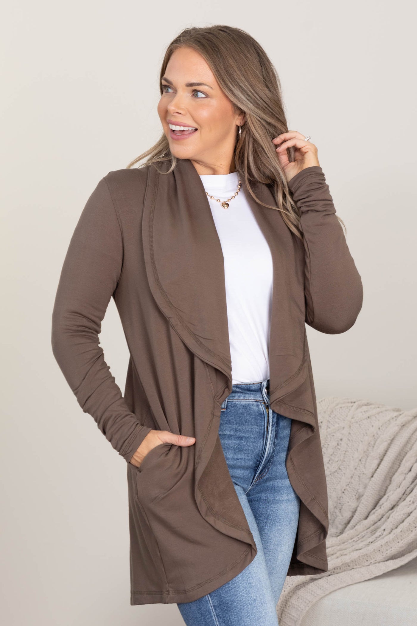 Brown Fleece Lined Flowy Open Cardigan