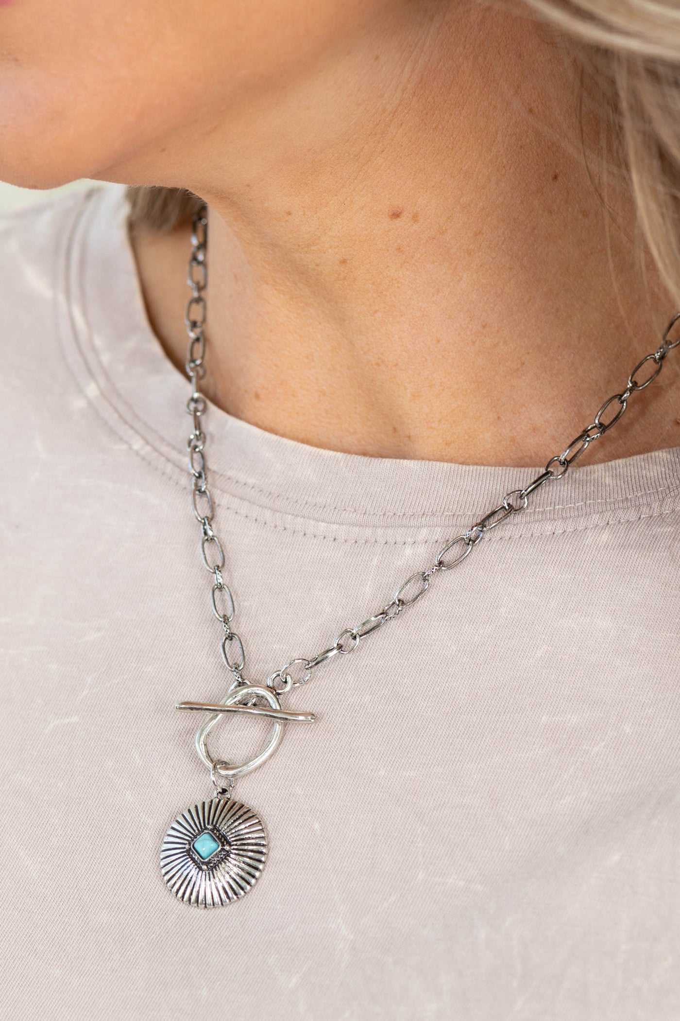 Silver Necklace With Concho Pendant And Toggle