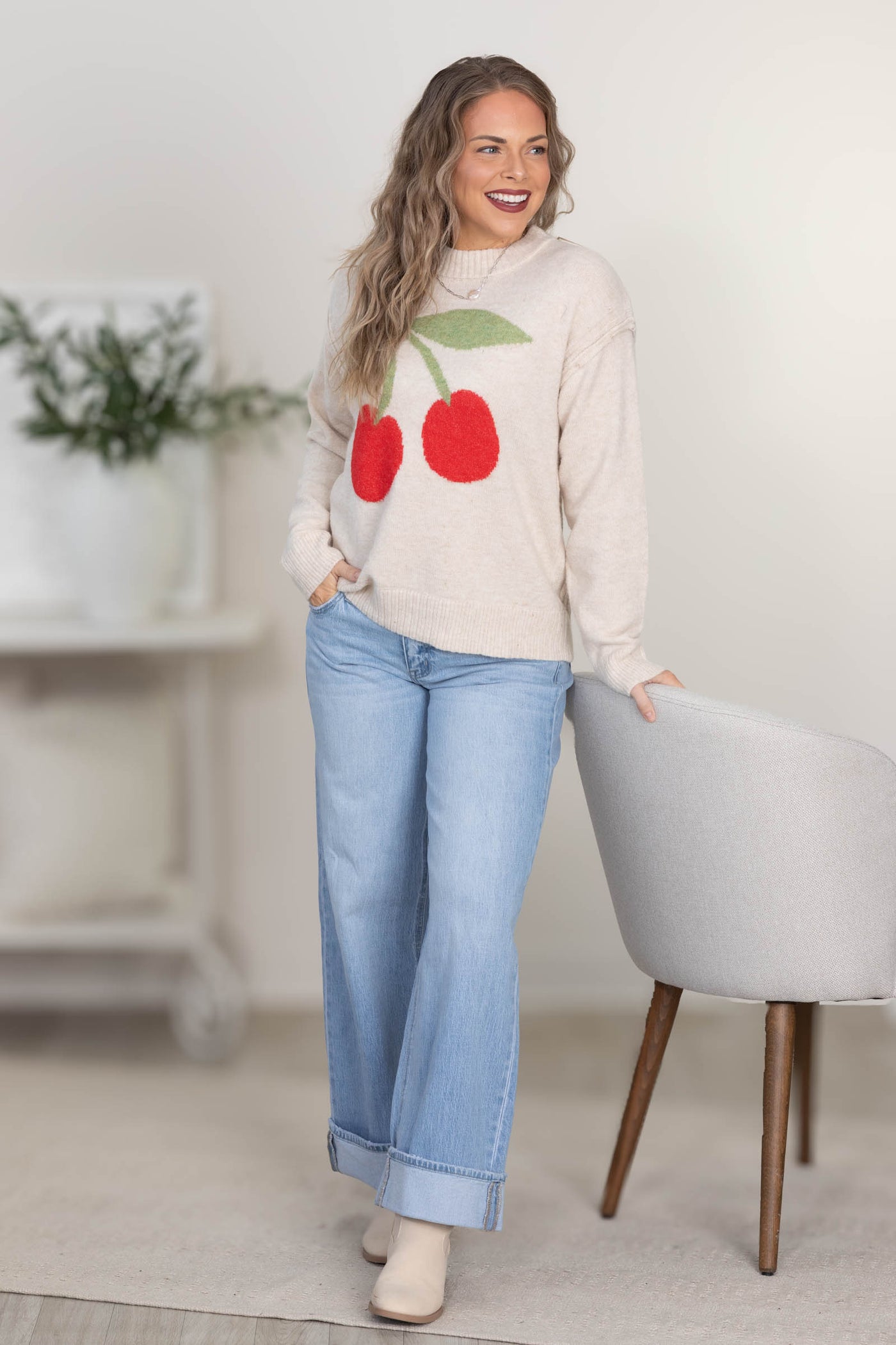 Oatmeal Cherry Printed Sweater