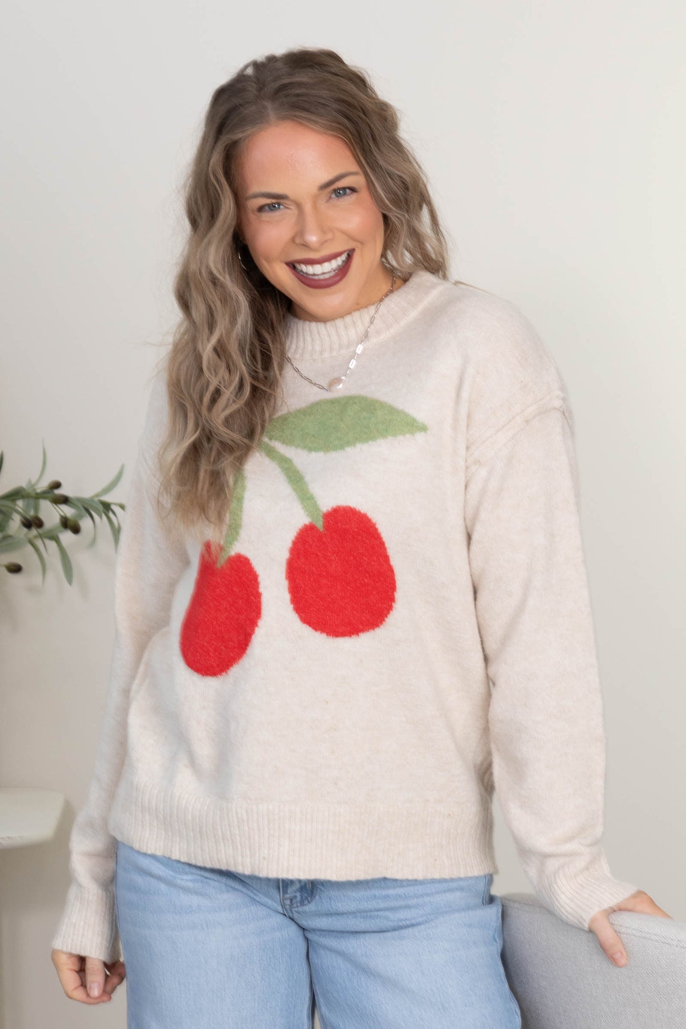 Oatmeal Cherry Printed Sweater