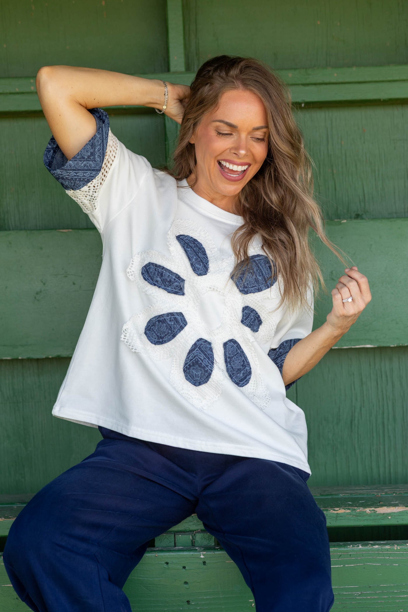 Ivory Big Floral Patch Detail Mix Knit Top