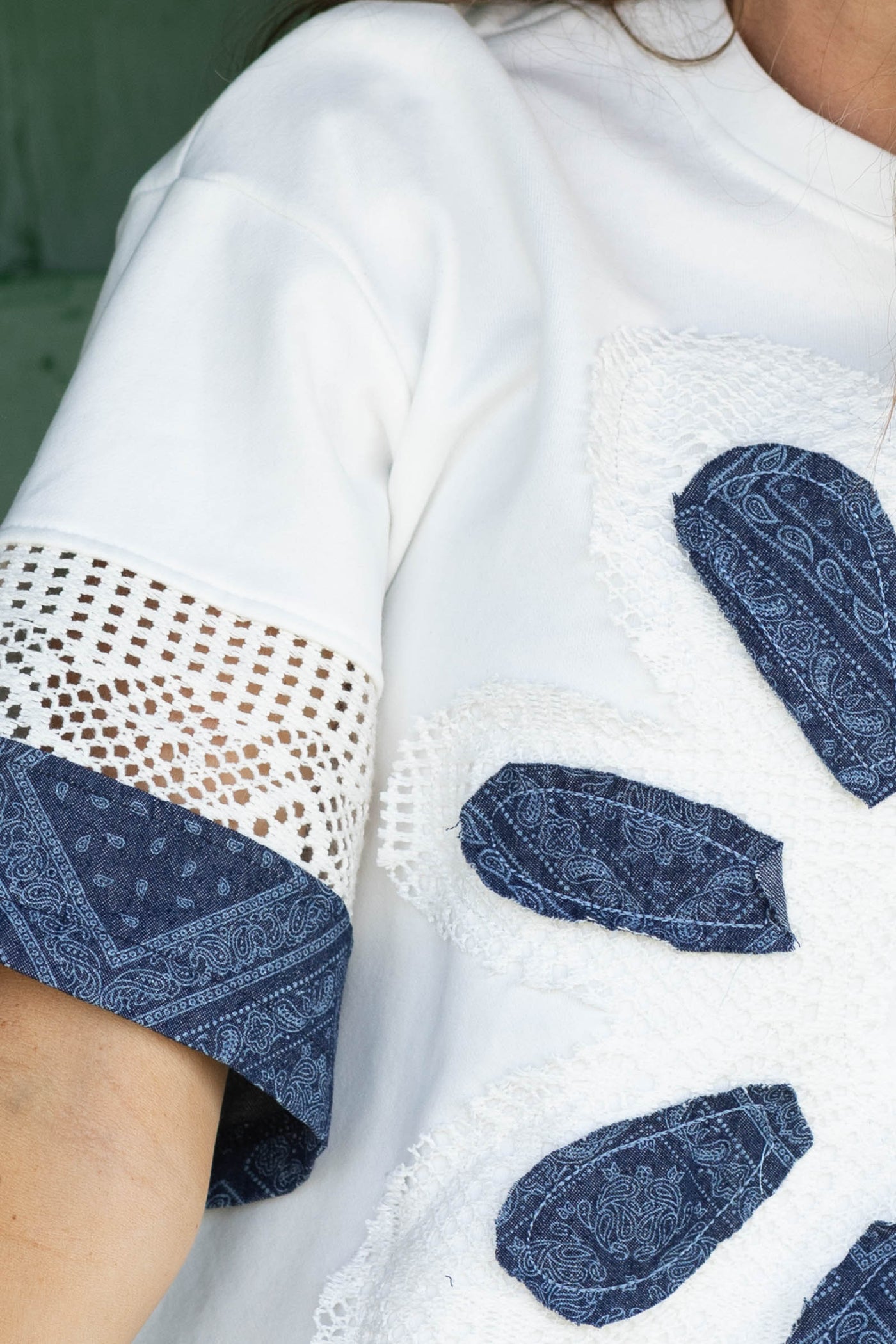 Ivory Big Floral Patch Detail Mix Knit Top