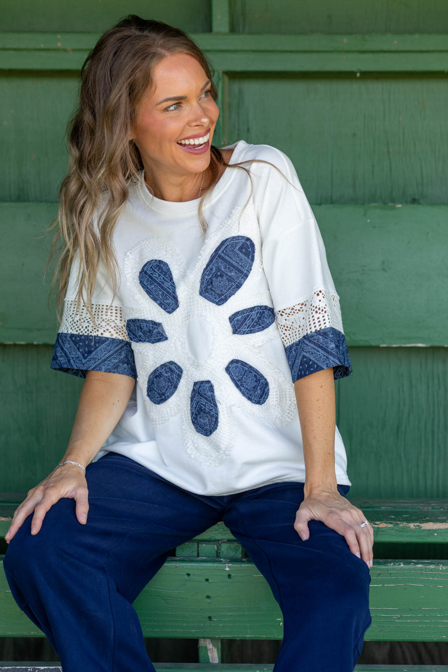 Ivory Big Floral Patch Detail Mix Knit Top
