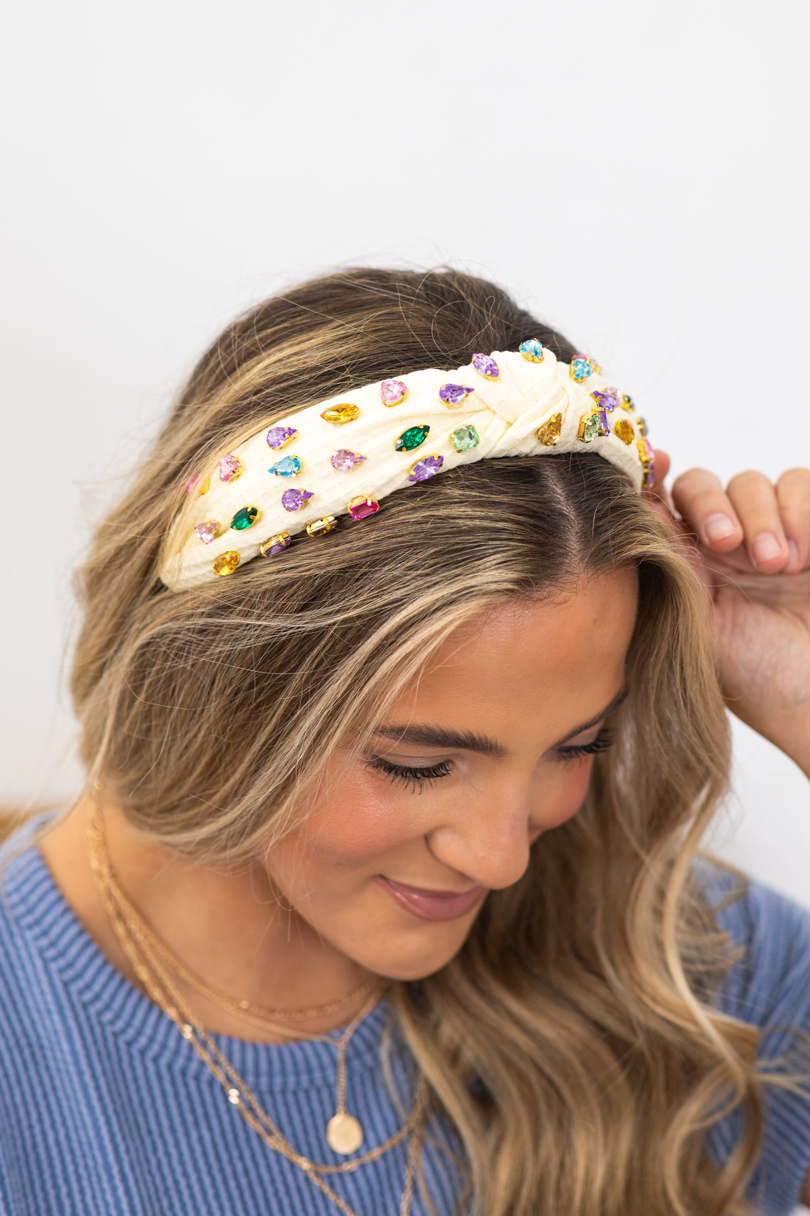 Cream Waffle Knit Headband With Crystals