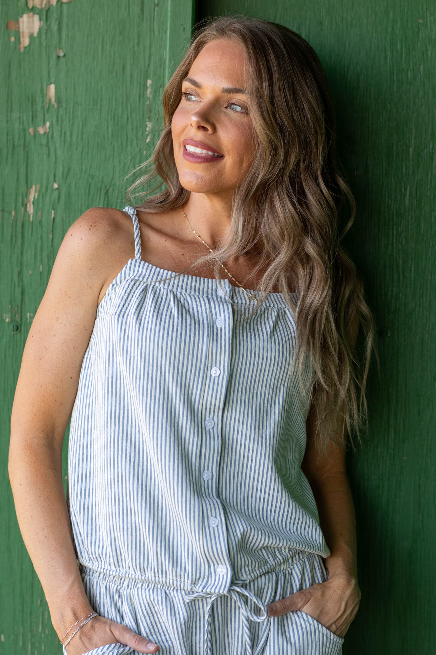Navy Striped Drawstring Button Up Woven Top