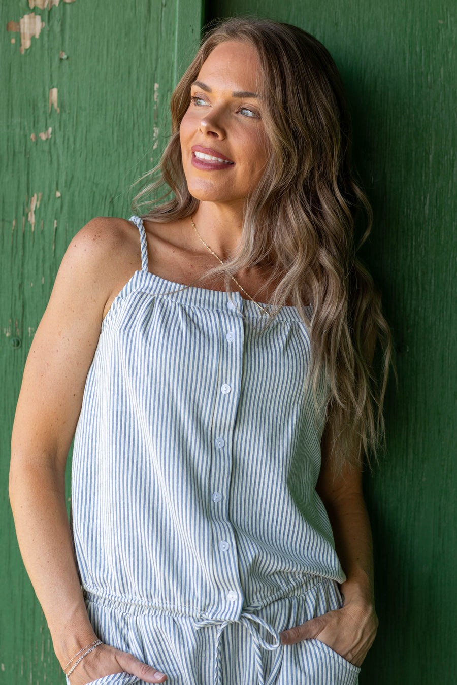 Navy Striped Drawstring Button Up Woven Top