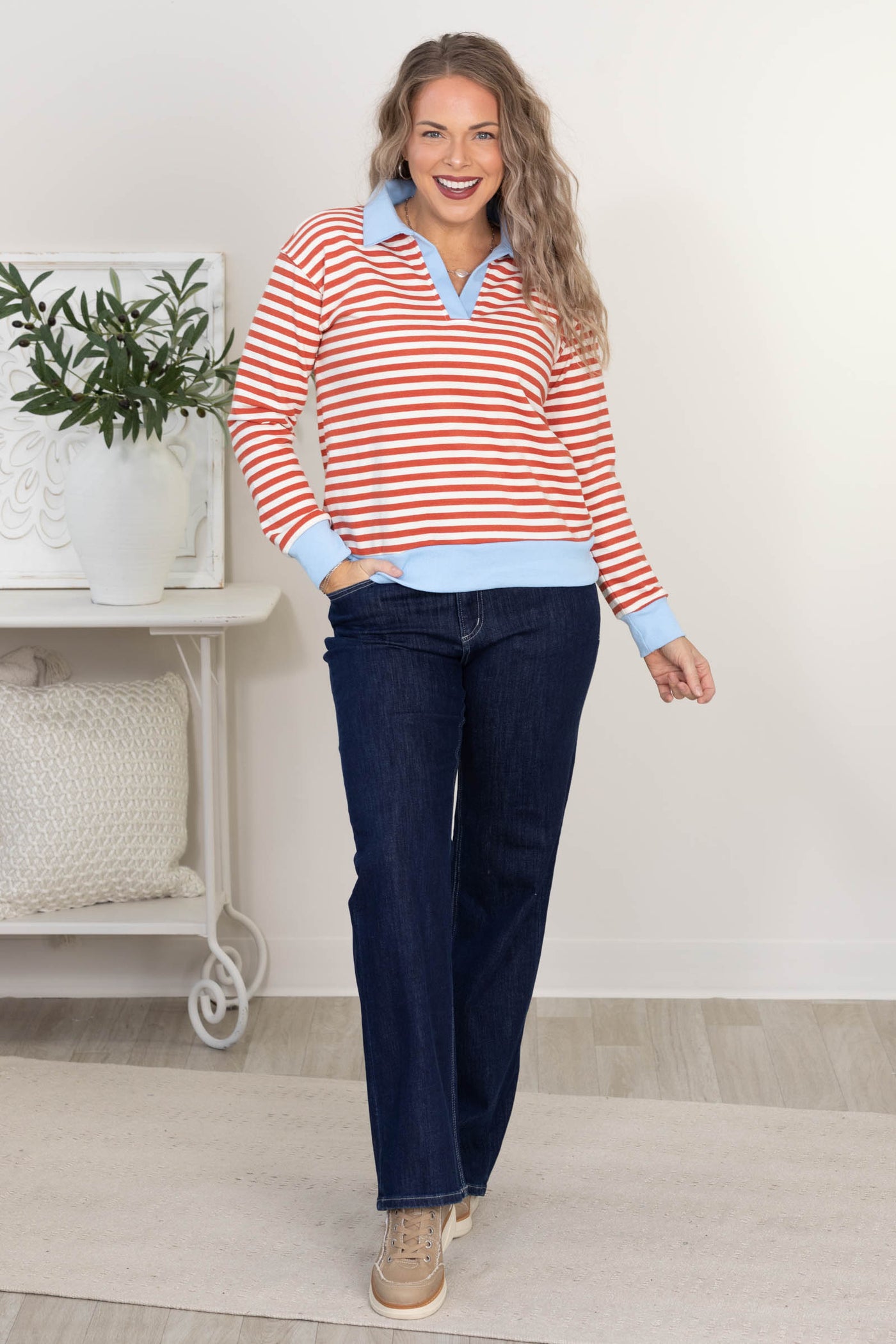 V-Neck Contrast Polo Collar Striped Sweatshirts