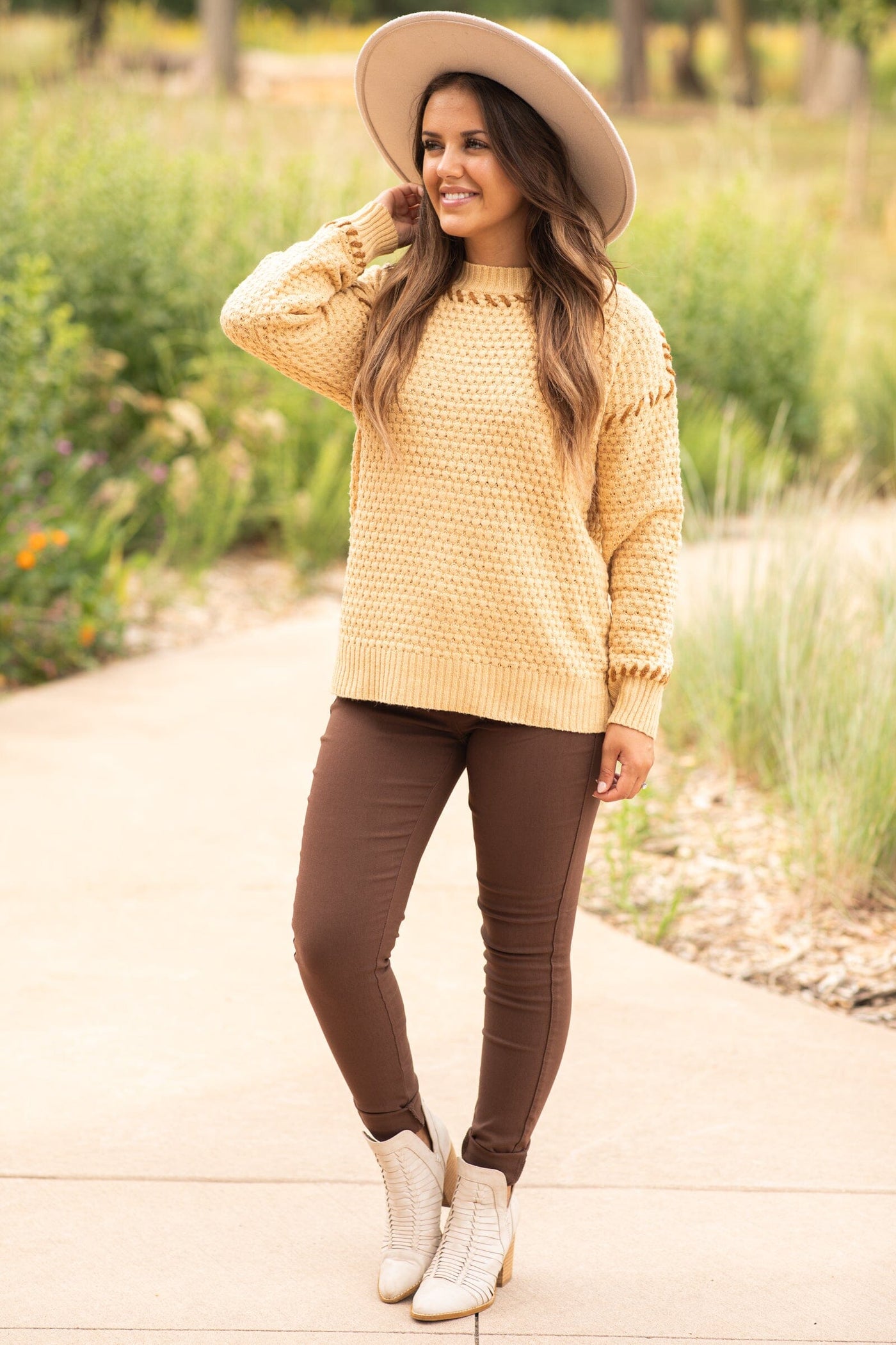 Camel Contrast Stitch Textured Sweater - Filly Flair