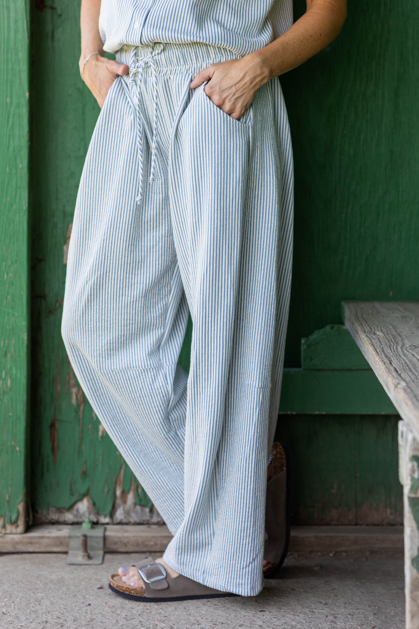 Navy Stripe Knit Drawstring Barrel Pants