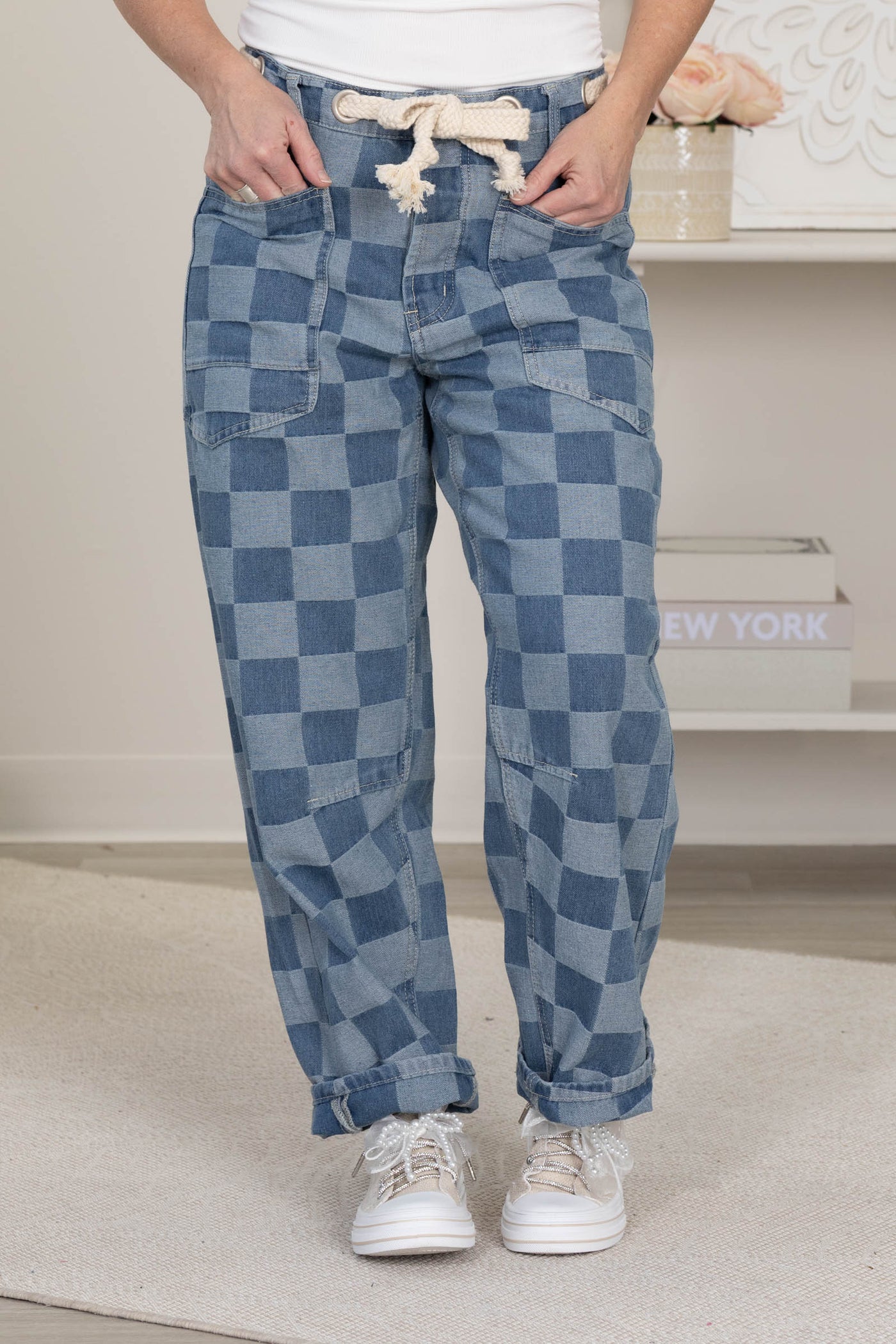 Denim Vintage Checkered With Rope String Jeans