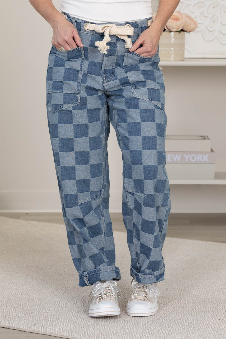 Denim Vintage Checkered With Rope String Jeans