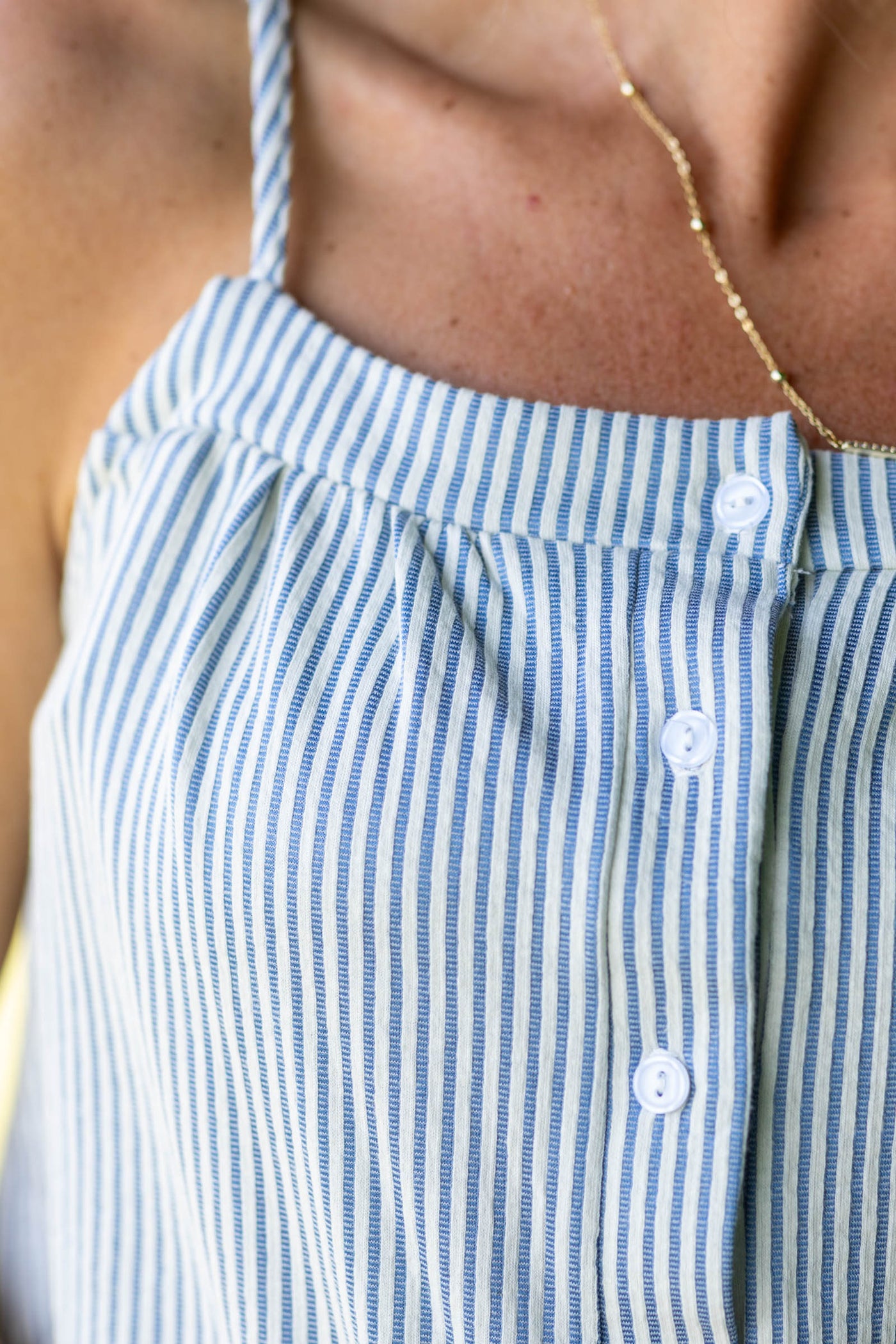 Navy Striped Drawstring Button Up Woven Top