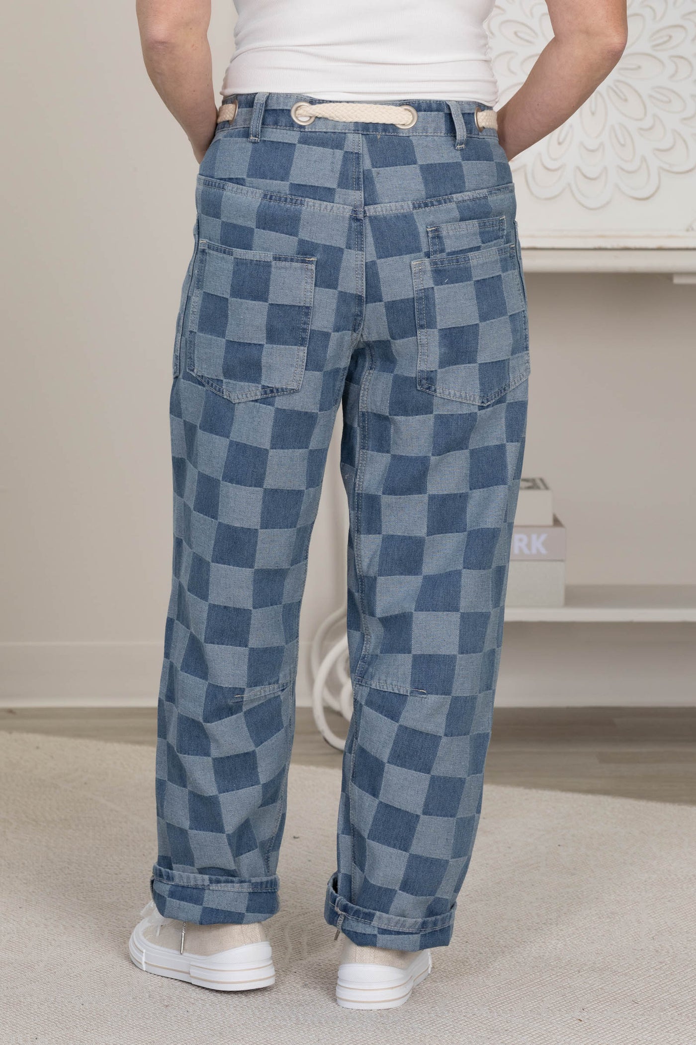 Denim Vintage Checkered With Rope String Jeans