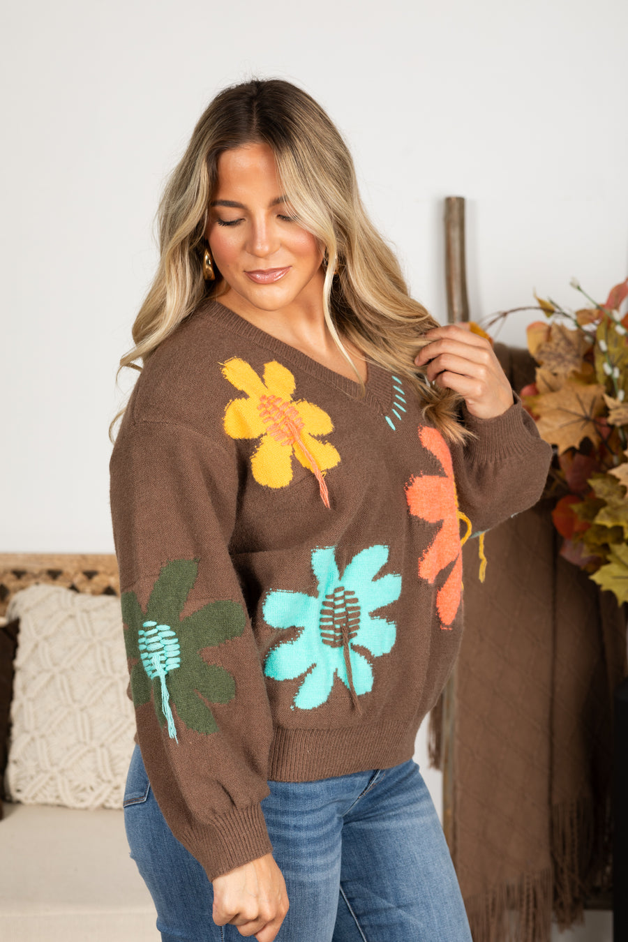 Brown Floral Pattern V-Neck Pullover Sweater
