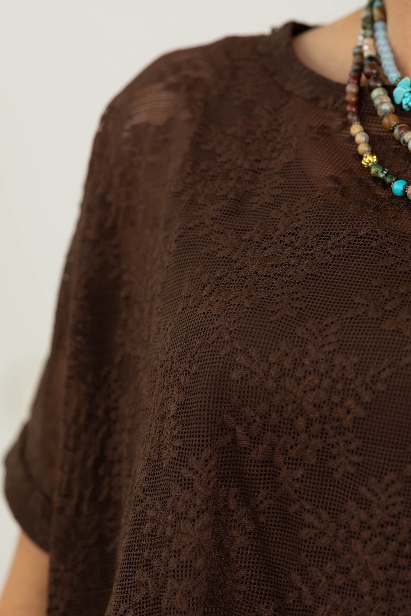 Brown Laced Short Sleeve Dolman Knit Top