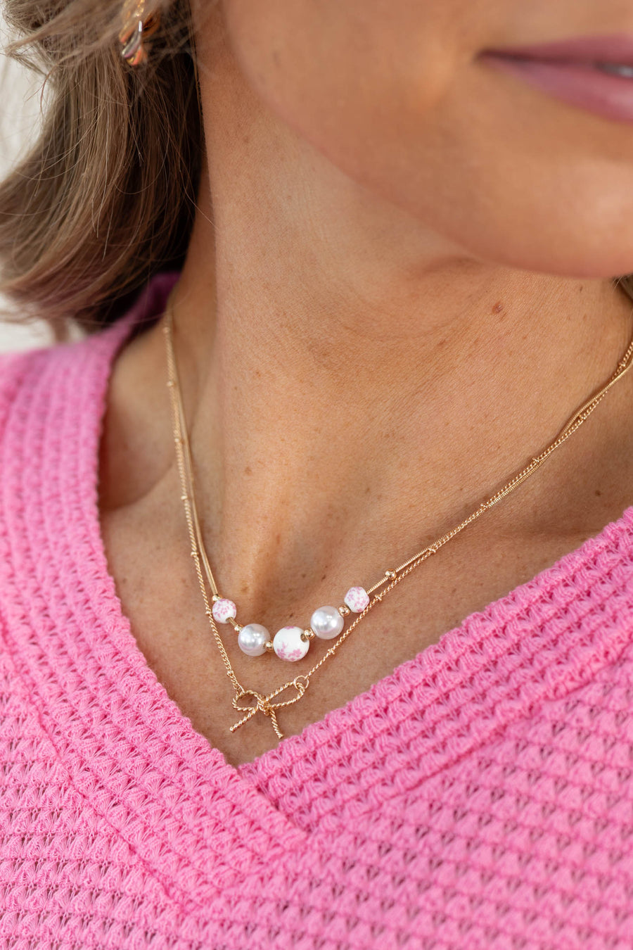 Pink Ceramic Porcelain Pearl Bow Layer Necklace