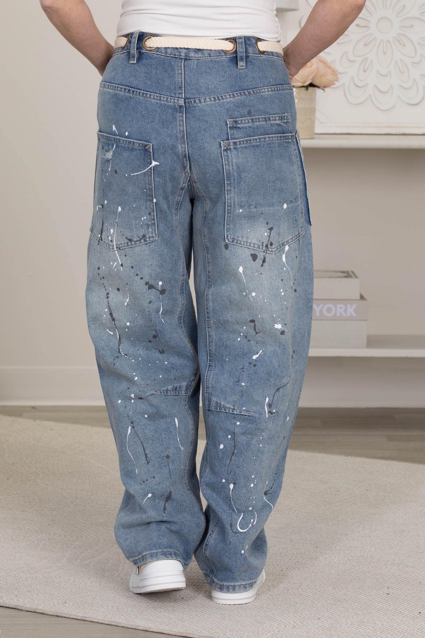 Denim Washed Vintage Painted Rope String Jeans