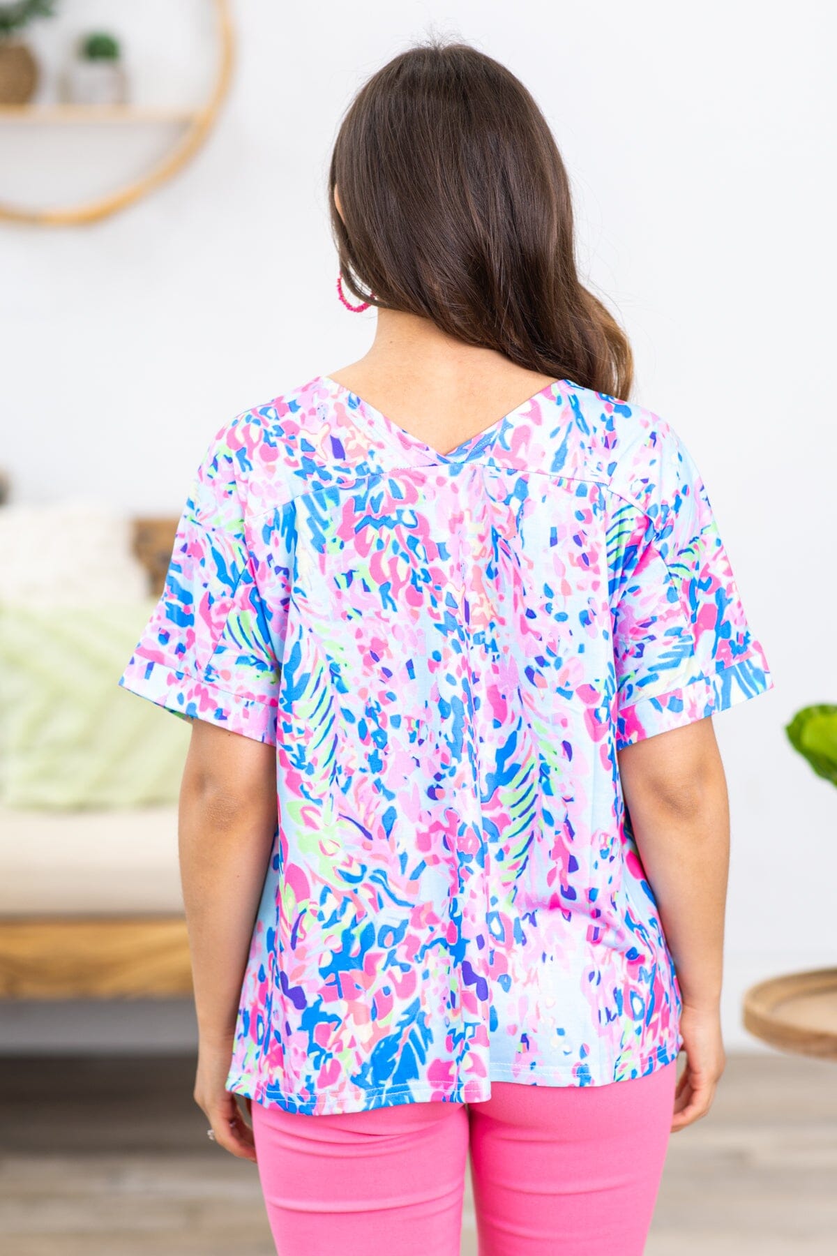 Sky Blue and Pink Leaf Print V-Neck Top - Filly Flair