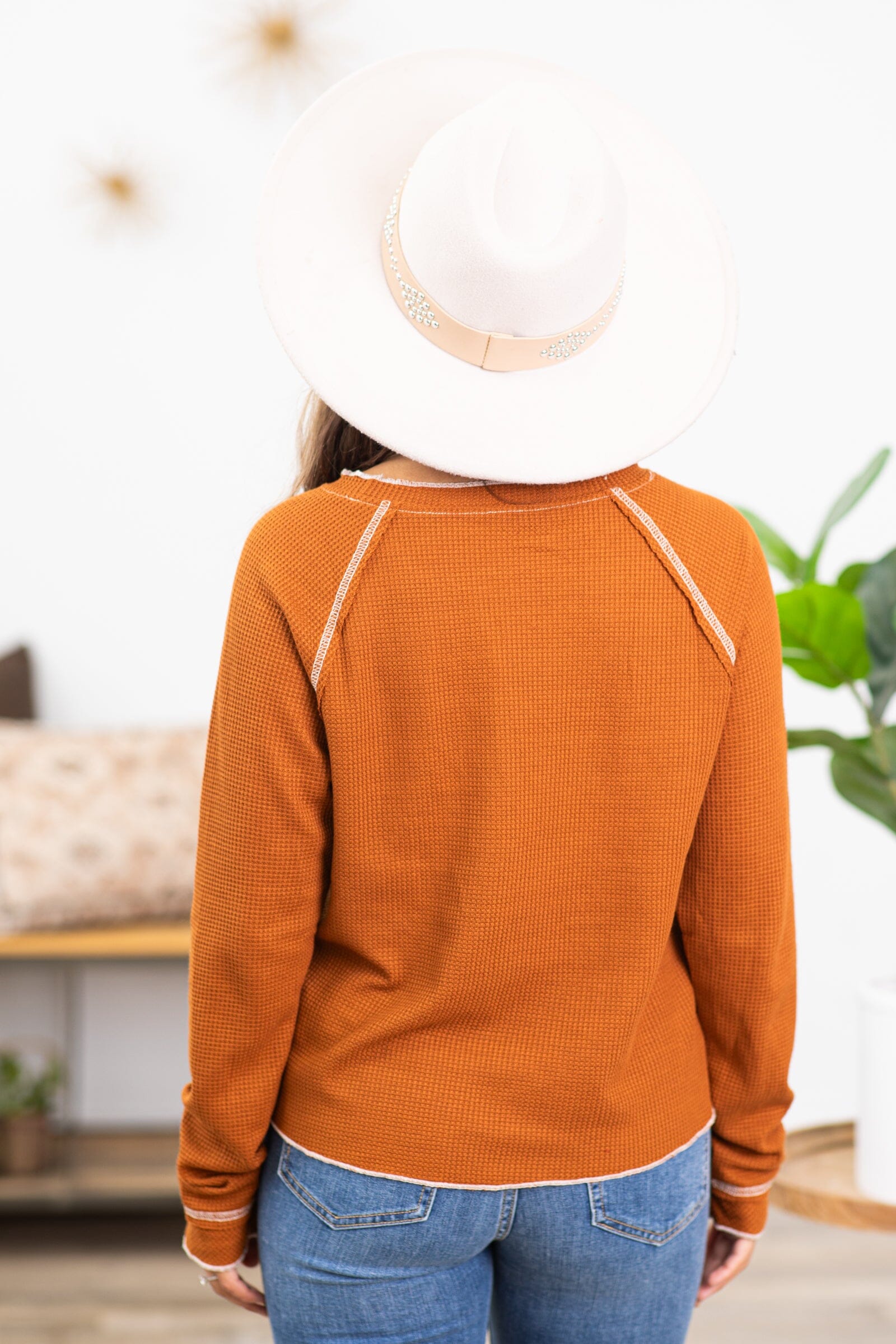 Cinnamon Waffle Knit Contrast Stitch Top - Filly Flair