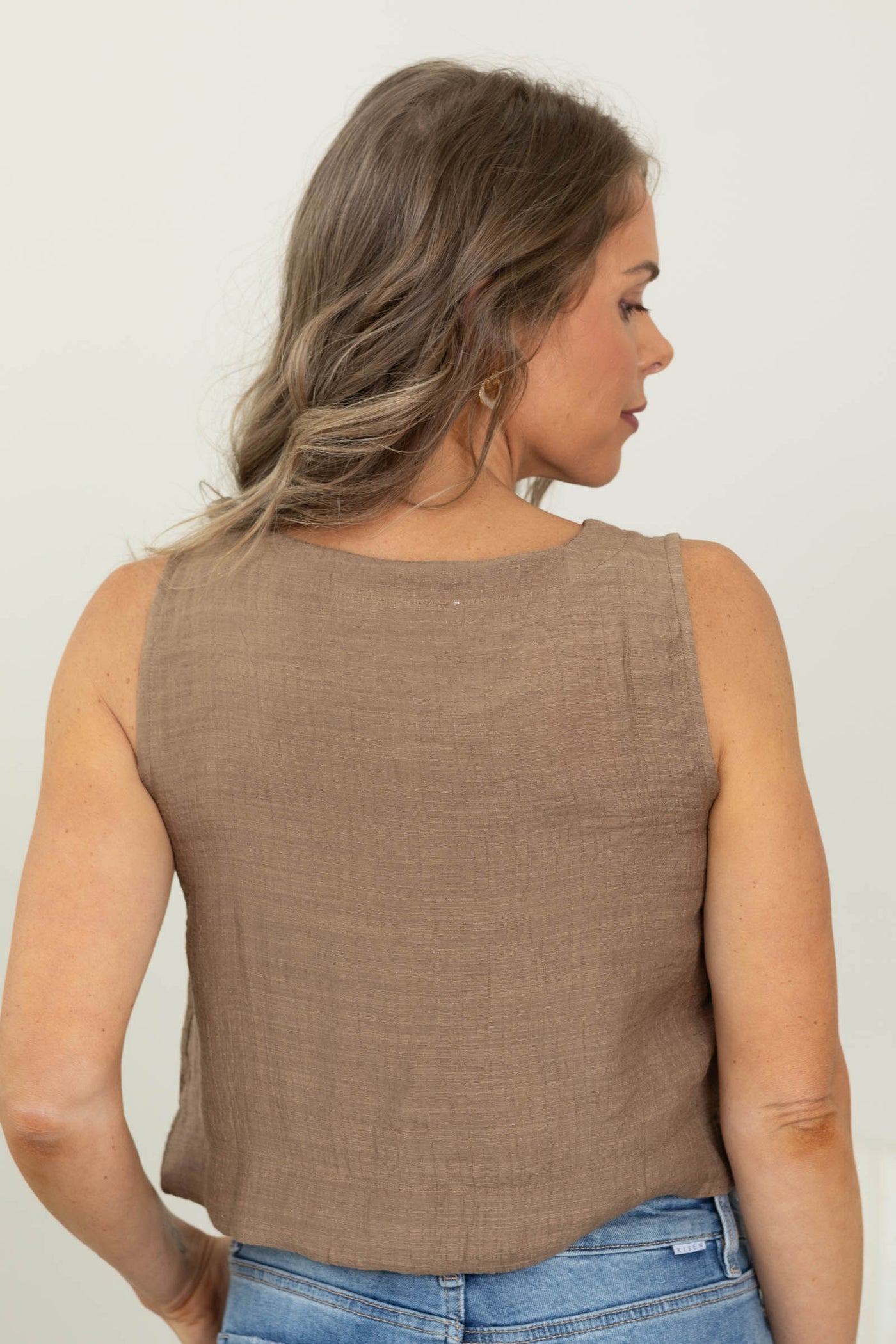 Mocha Textured Button Down Sleeveless Top
