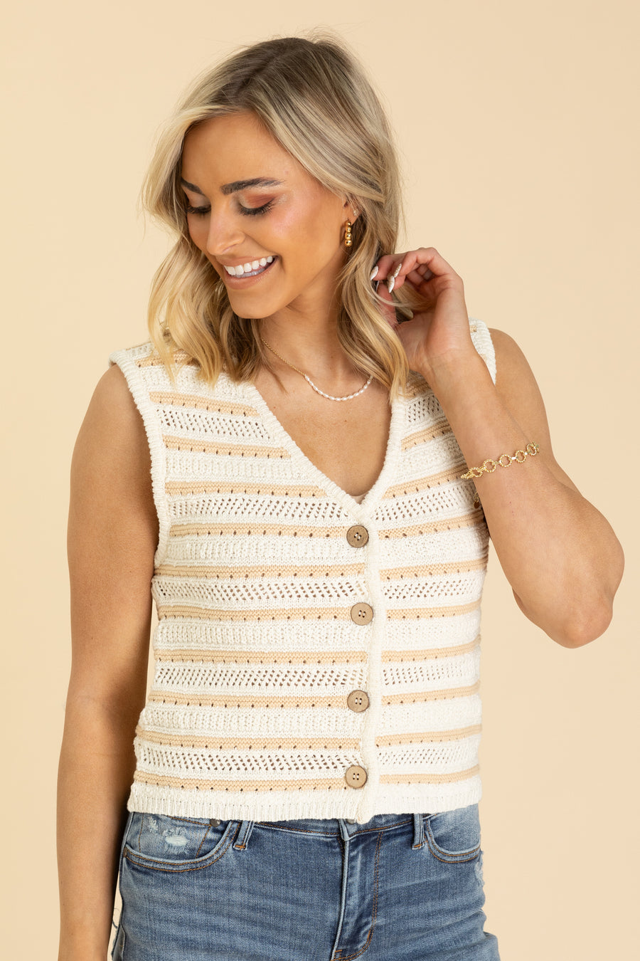 Tan And Ivory Stripe Buttoned Vest