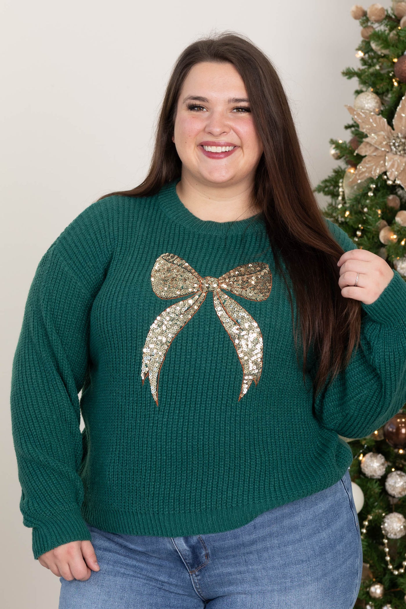 Hunter Green Ribbon Sequin Holiday Sweater