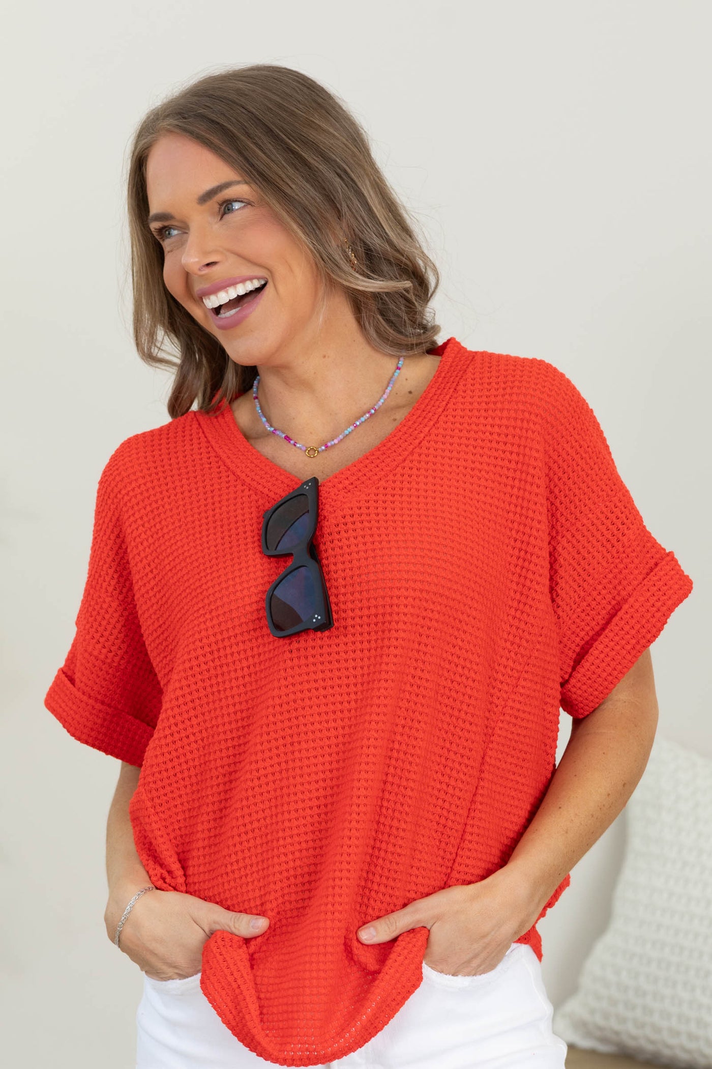Waffle V-Neck Short Sleeve Top